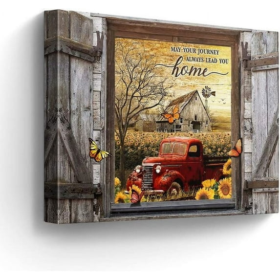Farmhouse Canvas Wall Art Red Old Trucks Picture Kitchen Wall Decor Rustic Sunflowers Country Painting for Bedroom Bathroom Living Room Prints Artwork Framed 12"x16"