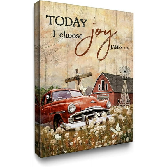 Farmhouse Canvas Wall Art Red Truck Painting Kitchen Wall Decor Framed Rustic Truck Posters Home for Living Room Bedroom Bathroom Decoration 12x16 inch