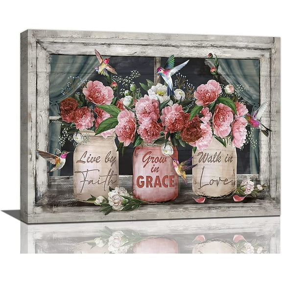Farmhouse Canvas Wall Art Rusitc Pink Rose Wall Decor Flower Mason Jar Hummingbird Pictures Painting Prints Framed Decor Country Home Artwork for Bedroom Bathroom Living Living Room 12"x16"