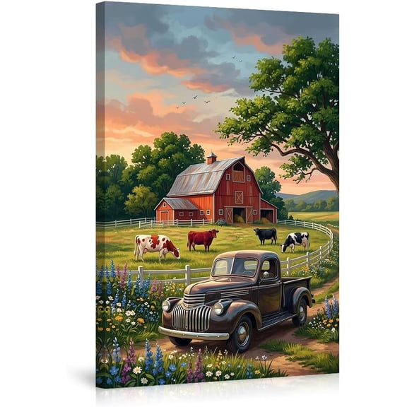 Farmhouse Canvas Wall Art Rustic Red Barn Cows Sunset Landscape Print Pictures with Vintage Truck Wildflowers Countryside Wall Decor for Living Room Bedroom Home