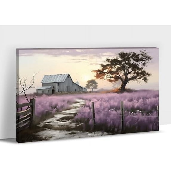 Farmhouse Canvas Wall Art, Vintage Barn and Purple Flowers Picture Wall Art for Bedroom, Country Room Decorations, Spring Country Sunrise Pictures for Farmhouse Living Room Wall Decor 12x18 Inches