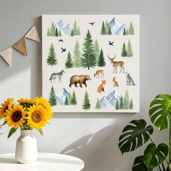 Farmhouse Canvas Wall Art, Watercolor Bear Deer Rabbit Rustic Wolf Fox Natura Framed Canvas Wall Decor Picture Print Artwork Decorations for Living Room Office Ready to Hang 8" x 8"