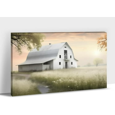 Farmhouse Canvas Wall Art White Barn Prints for Farmhouse Wall Decor Farmhouse Spring Country Landscape Painting Rustic Barn Scenery Framed Artwork for Living Room Kitchen Wall Decor 12"x18"