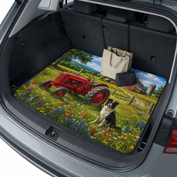 Farmhouse Car Trunk Mat, Rustic Red Barn Tractor Collie Wildflowers Country Universal Cargo Liner Trunk Protection Floor Mats Vehicle Interior Accessories For Car SUV 29"x39"