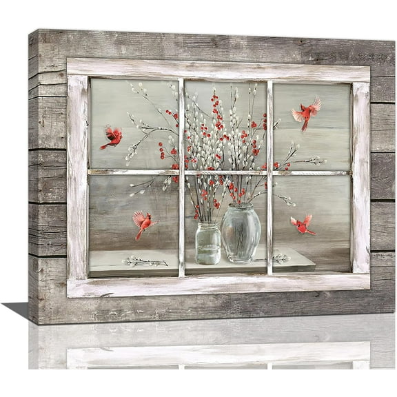 Farmhouse Cardinal Decor Wall Art Rustic Red Cardinal Pussy Willow Pictures Wall Decor Window Unframed Canvas Prints Artwork Paintings Home Decorations For Bathroom Bedroom Living Room