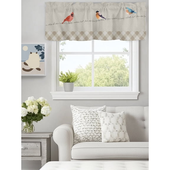 Farmhouse Cardinal Watercolor Bird Valances for Windows,Kitchen Valance Rod Pocket Short Curtain, Pastoral Animal Retro Check Valance Curtain Window Valances for Bedroom Bathroom Living Room 60x18in