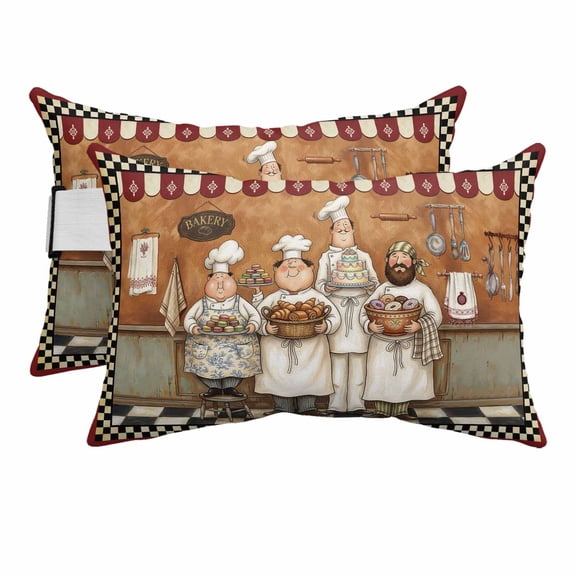 Farmhouse Cartoon Chef Outdoor Pillow for Chaise Lounge Chair,Head Resting Pillow with Insert, Cooking Theme Black White Checkered Waterproof Lumbar Pillows for Patio,11"x16" 2 Pack