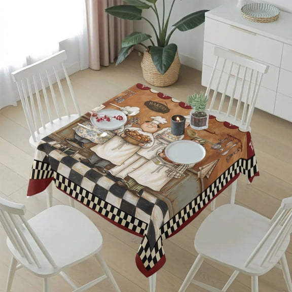 Farmhouse Cartoon Chef Table Cloth 54x54in, Waterproof Square Tablecloth Wipeable Tablecloths Cooking Theme Black White Checkered Table Covers for Dining Tables Party Indoor Outdoor