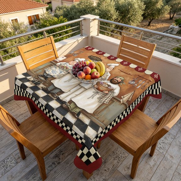 Farmhouse Cartoon Chef Table Cloth 60x60in, Waterproof Square Tablecloth Wipeable Tablecloths Cooking Theme Black White Checkered Table Covers for Dining Tables Party Indoor Outdoor