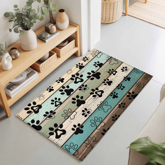 Farmhouse Cat Dog Paw Rectangle Area Rug 2x3ft,Living Room Rug Non-Slip Washable Circle Rugs Pad,Country Animal Claw Wood Plank Soft Floor Carpet for Bedroom Dining Room