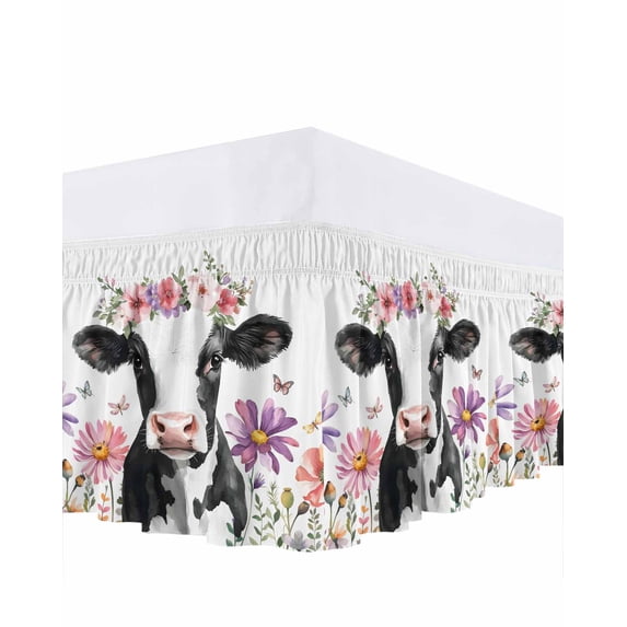 Farmhouse Cattle with Flowers Bed Skirt Butterfly Wildflowers Animal Bed Skirts King Size 16 Inch Drop, Wrap Around Dust Ruffle Bedskirt with Adjustable Elastic Belt for Queen Size Beds