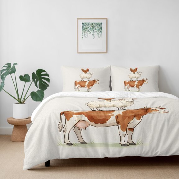 Farmhouse Cattle Sheep Chicken California King Size Bed Set,Cartoon Animal Bedding for All Seasons,4 Pcs Bed Set with 1 Quiltcover (96"x104"),1 Sheet (110"x98"),2 Pillowcases (20"x36")