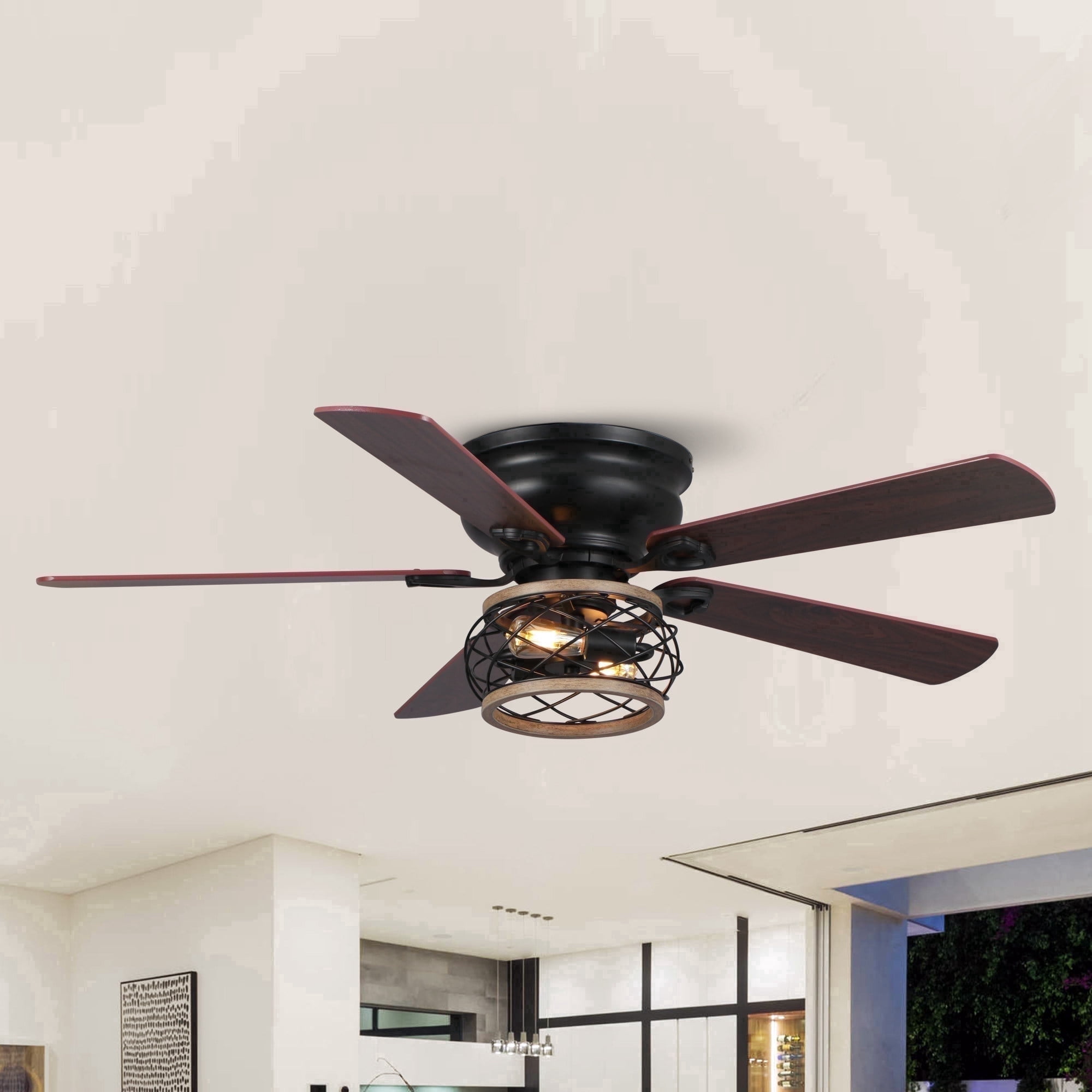 48" Farmhouse Black 5 Reversible Blades Flush Mount Ceiling Fan with Light and Remote Control