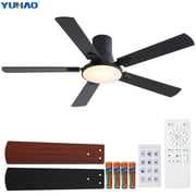 YUHAO 52" Black Flush Mount Ceiling Fan with Lights and Remote,Modern Low Profile Reversible 6 Speeds,Quiet DC,LED Dimmable for Bedroom/Cover Outdoor.