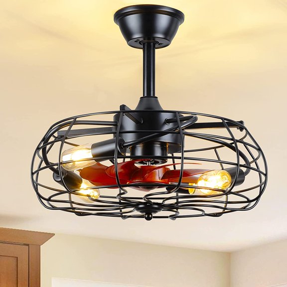 Farmhouse Ceiling Fan with Light and Remote Control, Caged Ceiling Fan with 4 Led Bulbs, Enclosed Ceiling Fan with LED Light for Porch,Patios,Kitchen,Bedroom Indoor and Outdoor