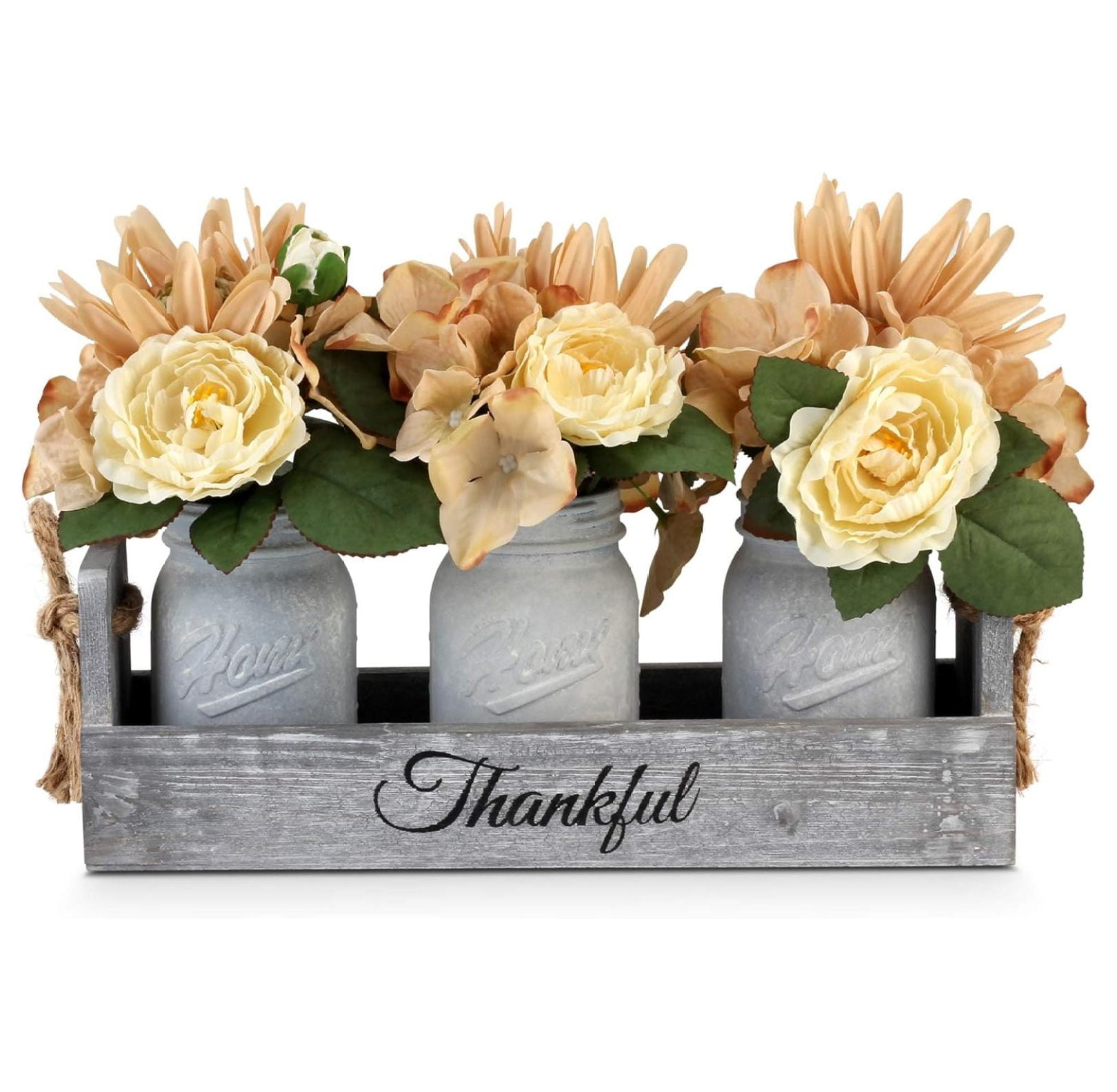 Farmhouse Centerpieces for Tables - Mason Jar Centerpieces for dining table, Coffee Table Centerpieces for Living room with 3 White Mason Jars, Dining Table Decor 3-White Jar Table Centerpieces