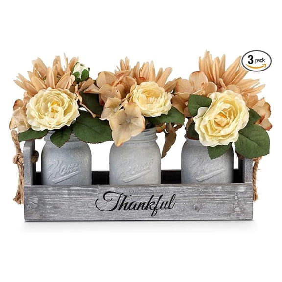 Farmhouse Centerpieces - White Mason Jar Decor for Tables, Rustic Wooden Box with Roses