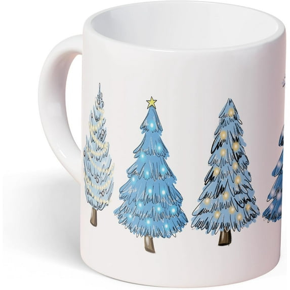 Farmhouse Ceramic Coffee Mug 11 Oz(330ml) Tea Cup, Winter Christmas Holiday Coffee Mug Gifts For Women Teenage Girls(Blue Christmas Tree)
