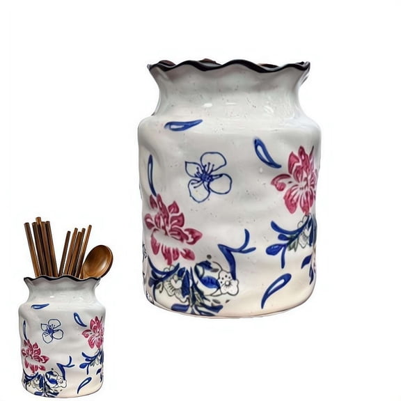 Farmhouse Ceramic Utensil Holder for Kitchen Counter, Floral Pattern Organizer for Spatula Ladle, Modern Rustic Home Decor