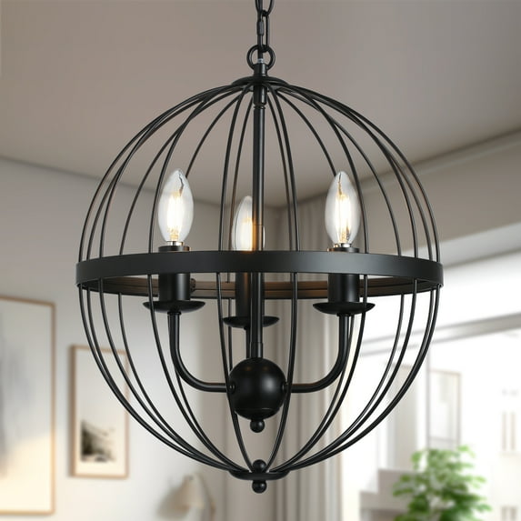 Farmhouse Chandelier 3 Light Industrial Rustic Chandelier Dining Room Lighting Fixtures Hanging Black Globe Orb Pendant Light Fixture for Kitchen Island Bedroom