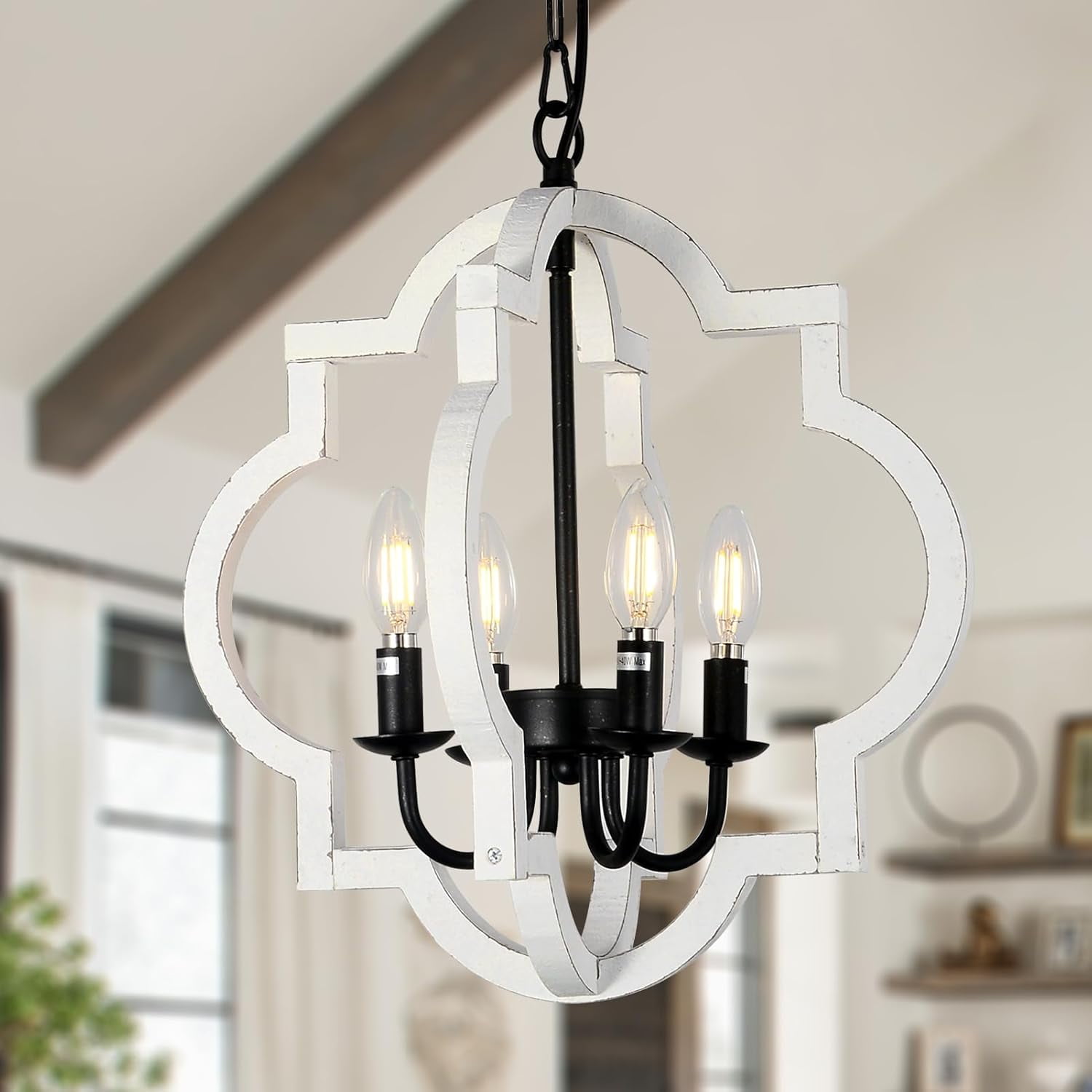 Farmhouse Chandelier, 4-Light Dining Room Light Fixtures Over Table, Distressed Wood White ...