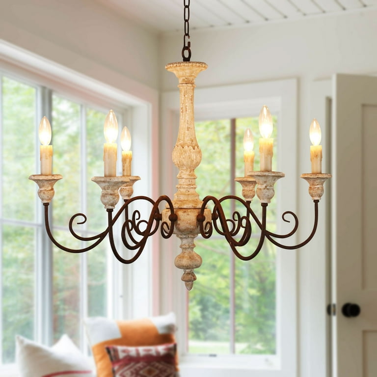 Farmhouse Chandelier: Rustic 6-Light Wooden Fixture for Kitchen