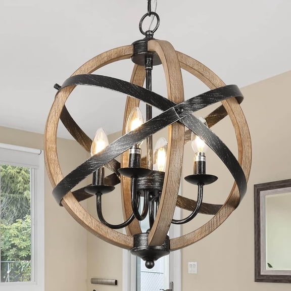 Farmhouse Chandelier Light Fixtures 4-Light Dining Room Light Fixtures Height Adjustable Rustic Wood Ceiling Hanging for Kitchen, Living Room, Hallway, Bedroom, Foyer Entryway