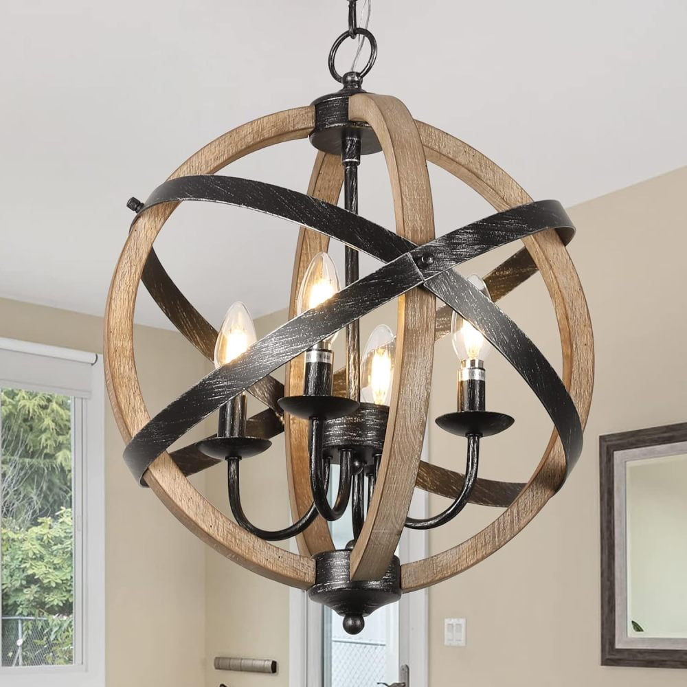 Farmhouse Chandelier Light Fixtures 4-Light Dining Room Light Fixtures Height Adjustable Wood Light Fixtures Ceiling Hanging for Kitchen, Living Room, Hallway, Bedroom, Foyer Entryway