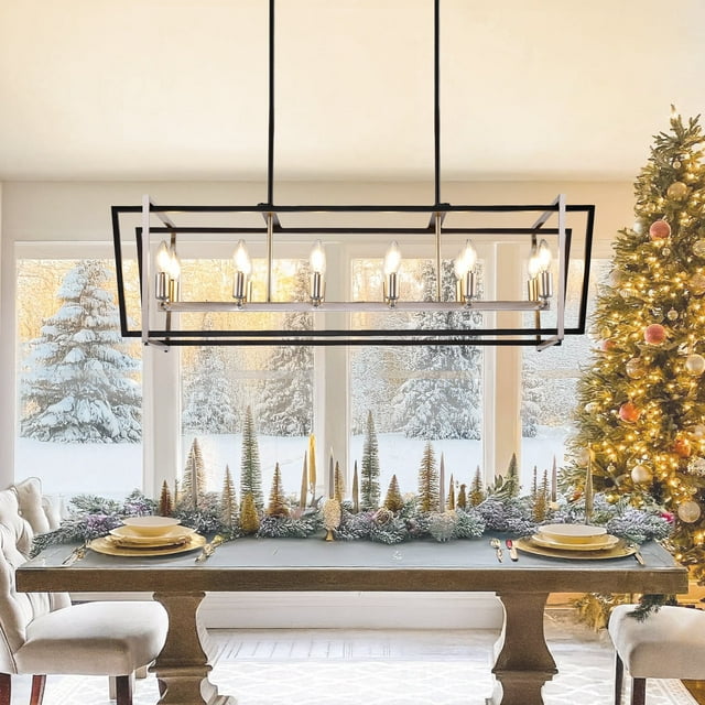 LovingAHome 12-Light Farmhouse Chandelier Rectangle Industrial Light Fixture for Living Room Kitchen, Black Silver
