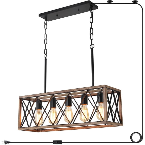 Farmhouse Chandeliers for Dining Room with Plug in Cord, 5-Light Kitchen Island Lighting Hanging Pendant Light, Farmhouse Light for Kitchen, Dining Room Table, Pool Table. (Wood Grain Color)
