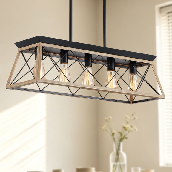 Farmhouse Chandeliers for Dining Room, Rustic Kitchen Island Light Fixture, 5-Light Linear Pendant Lighting Rectangular Chandelier,Dining Room Table Rustic Wood(No Bulbs)