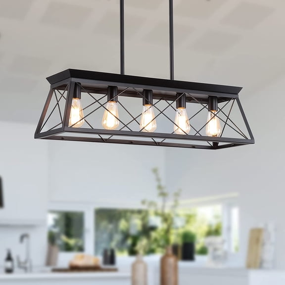 Farmhouse Chandeliers for Dining Room, Rustic Kitchen Island Light Fixture, 5-Light Linear Pendant Lighting Rectangular Chandelier, Metal Solid Ceiling Lights