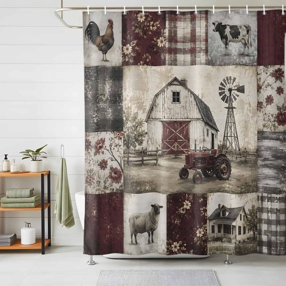 Farmhouse Checked Shower Curtains for Bathroom, Patchwork Old Barn Rooster Waterproof Fabric Shower Curtain, Decorative Bathroom Curtain for Bathtub, 36"x72", No Hooks Included