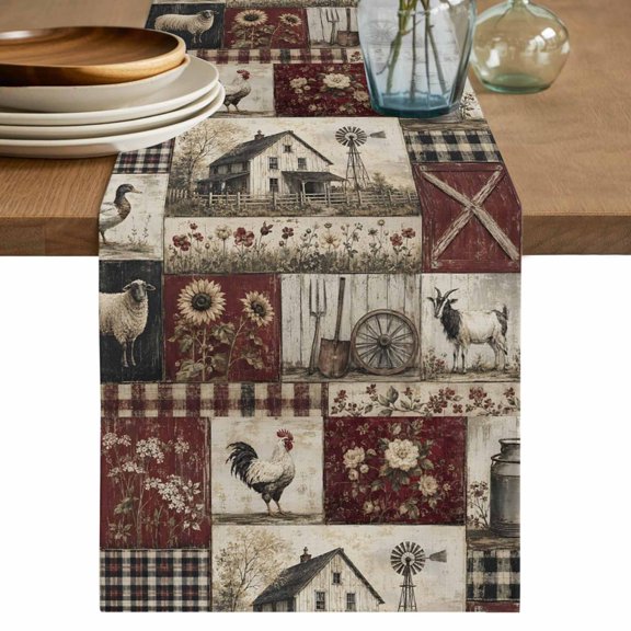 Farmhouse Checked Table Runner, Vintage Floral Old Barn Rooster Washable Cotton Linen Table Runners 36 Inches Long, Dresser Scarf Runner for Nightstand/End Tables/Round Tables 13''x36''