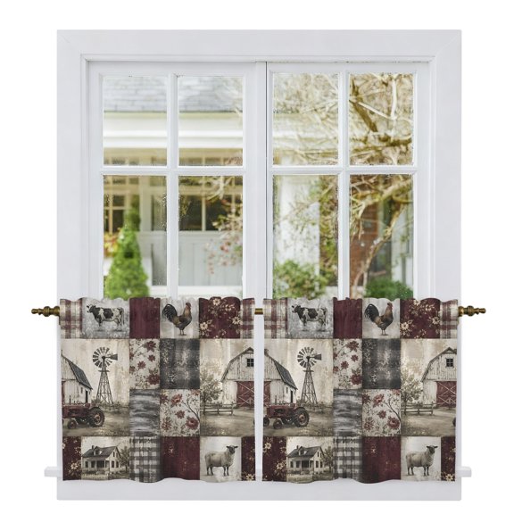 Farmhouse Checked Tier Curtains 24 Inch Length, Patchwork Old Barn Rooster Cafe Short Curtains for Bathroom Over Sink, Small Kitchen Curtain Light Filtering Tiered Drapes 2 Panels 27.5"Wx24"L