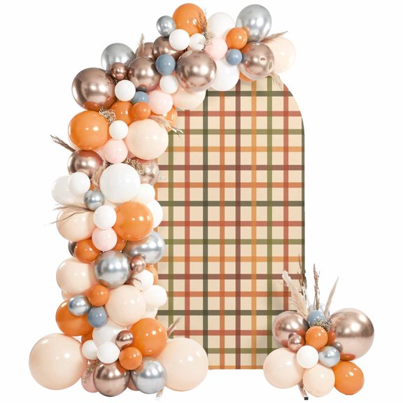 Farmhouse Checkered Arch Backdrop Cover 7.2Ft, Wedding Arch Covers Stretchy Backdrop, Fall Orange Plaid Retro Classic Check Fitted 2 Sided Arched Photo Background for Birthday Party Decorations