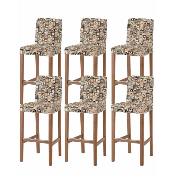 Farmhouse Checkered Bar Stool Covers Set of 6, Rustic Retro Farm Life Assembling Stretch Washable Bar Chair Covers with Backs, Removable Pub Counter Height Chair Cover for Kitchen Dining Room Cafe