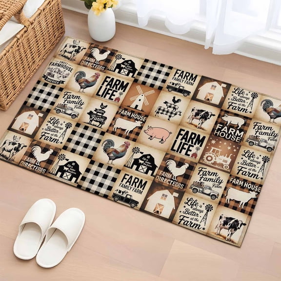 Farmhouse Checkered Entryway Rug 2'x3' Non Slip Front Door Mats, Rustic Retro Farm Life Assembling Entrance Rugs Indoor Outdoor Carpet, Washable Floor Mats Small Area Rug for Bedroom Kitchen