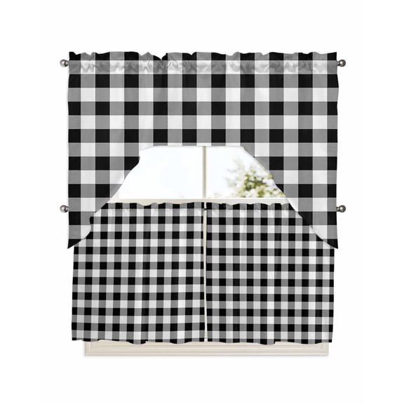 Farmhouse Checkered Kitchen Curtain and Valance Set 3 Pieces, Rod Pocket Short Tier Curtains 24 Inch Length, Black White Buffalo Plaid Swag Topper Small Window Treatment for Cafe Bathroom Bedroom