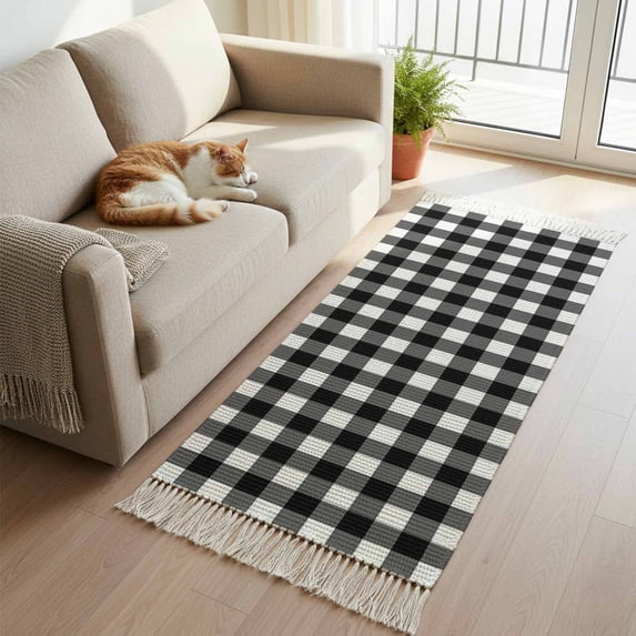 Farmhouse Checkered Kitchen Runner Rug 2'x4', Black White Buffalo Plaid Washable Rug with Tassels, Non Slip Woven Cotton Bathroom Rugs Hallway Carpet for Foyer Bedroom Entry Back Door Decor