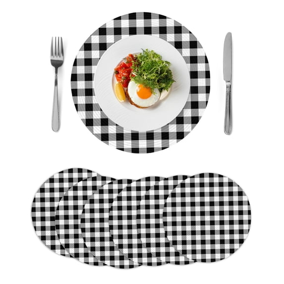 Farmhouse Checkered Round 13 Inch Placemats Set of 6, Black White Buffalo Plaid HeatResistant Non Slip Place Mats for Dining Table, Wipeable Braided Kitchen Table Mats for Housewarming