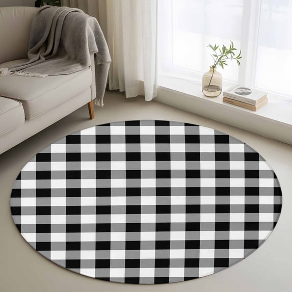 Black and White Plaid Round Area Rug 3.3 FT, Non Slip Small Entryway Kitchen Mat, Farmhouse Checkered Buffalo Washable Soft Circular Rug Non-Shedding Door Mat for Bathroom Playroom Kids Room