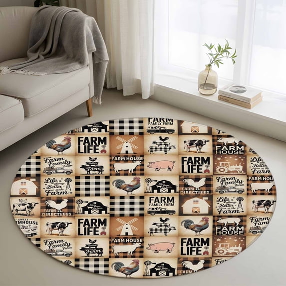 Farmhouse Checkered Round Area Rug 4Ft Washable Circle Rugs for Bedroom Dining Room, Rustic Retro Farm Life Assembling Non-Slip Carpet Floor Mats Indoor Outdoor Carpet Runner Aesthetic Home Decor