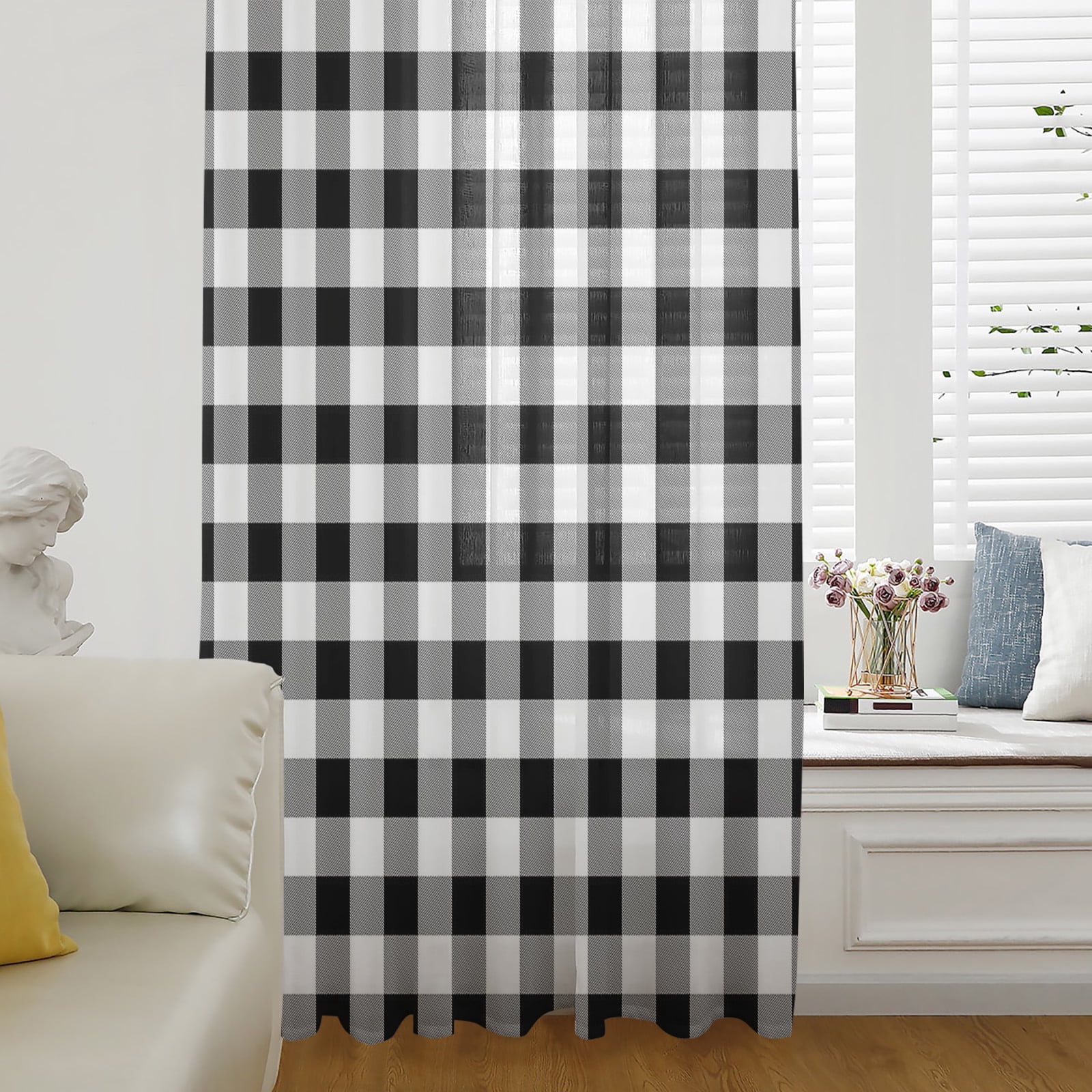 Farmhouse Checkered Semi Sheer Curtains Drapes for Living Room, Bedroom