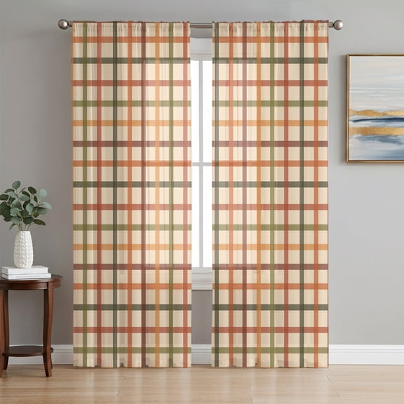 Farmhouse Checkered Sheer Curtains 63 Inches Long, Fall Orange Plaid Retro Classic Check Light Filtering Window Curtains for Living Room, Rod Pocket Voile Sheer Curtain Drapes, 52"W x 63"L, 2 Panels