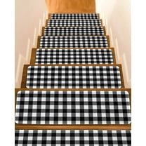 Farmhouse Checkered Stair Treads for Wooden Steps Indoor Runner Rug Carpet, Black White Buffalo Plaid 4 Pieces Peel and Stick Staircase Step Treads Covers Washable Throw Door Mats, 30"x8"
