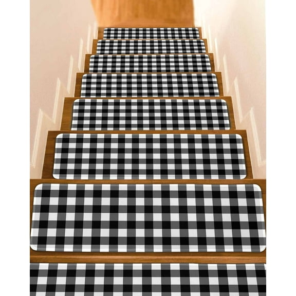 Farmhouse Checkered Stair Treads for Wooden Steps Indoor Runner Rug Carpet, Black White Buffalo Plaid 4 Pieces Peel and Stick Staircase Step Treads Covers Washable Throw Door Mats, 30"x8"
