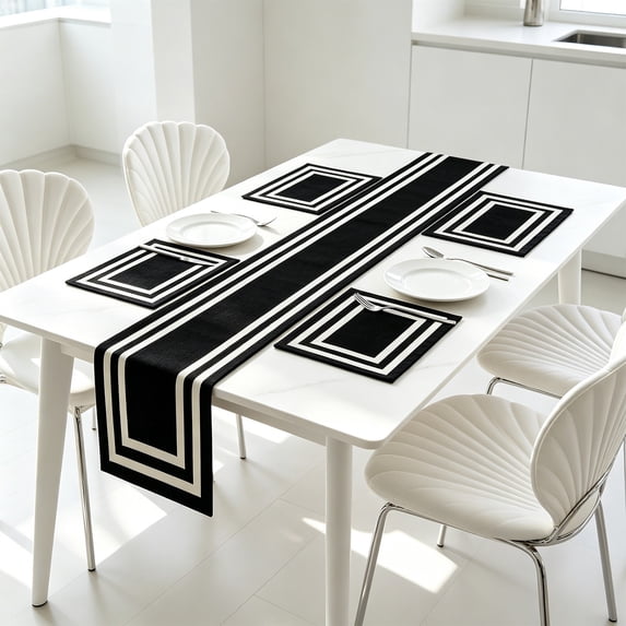 Farmhouse Checkered Table Runner and Placemats for Dining Tables, Burlap Coffee Table Runner 72 Inch Long Black White Buffalo Plaid Washable Place Mats for Kitchen Party Farmhouse Placemats Set of 4