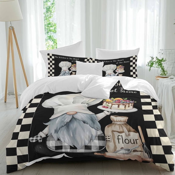 Farmhouse Chef 4 Piece Duvet Cover Set Twin Size Gnome Cake Dessert Maker Black White Plaid Soft Bedding Set Comforter Cover, 1 Duvet Cover 1 Flat Sheets and 2 Pillowcases