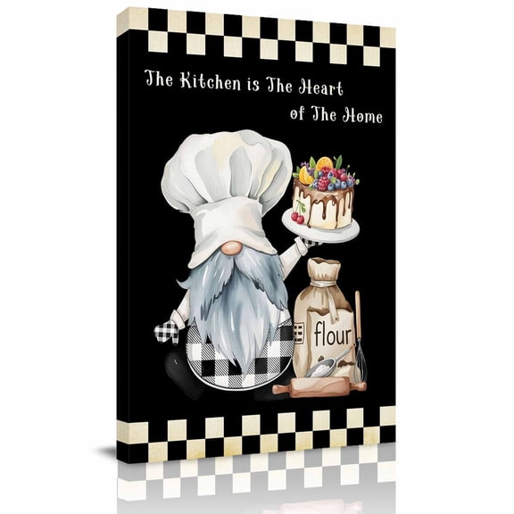 Farmhouse Chef Canvas Wall Art for Living Room, Gnome Cake Dessert Maker Black White Plaid Poster Print Painting for Bedroom Office Home Decoration Wall Pictures Prepare To Hang 22"x28"